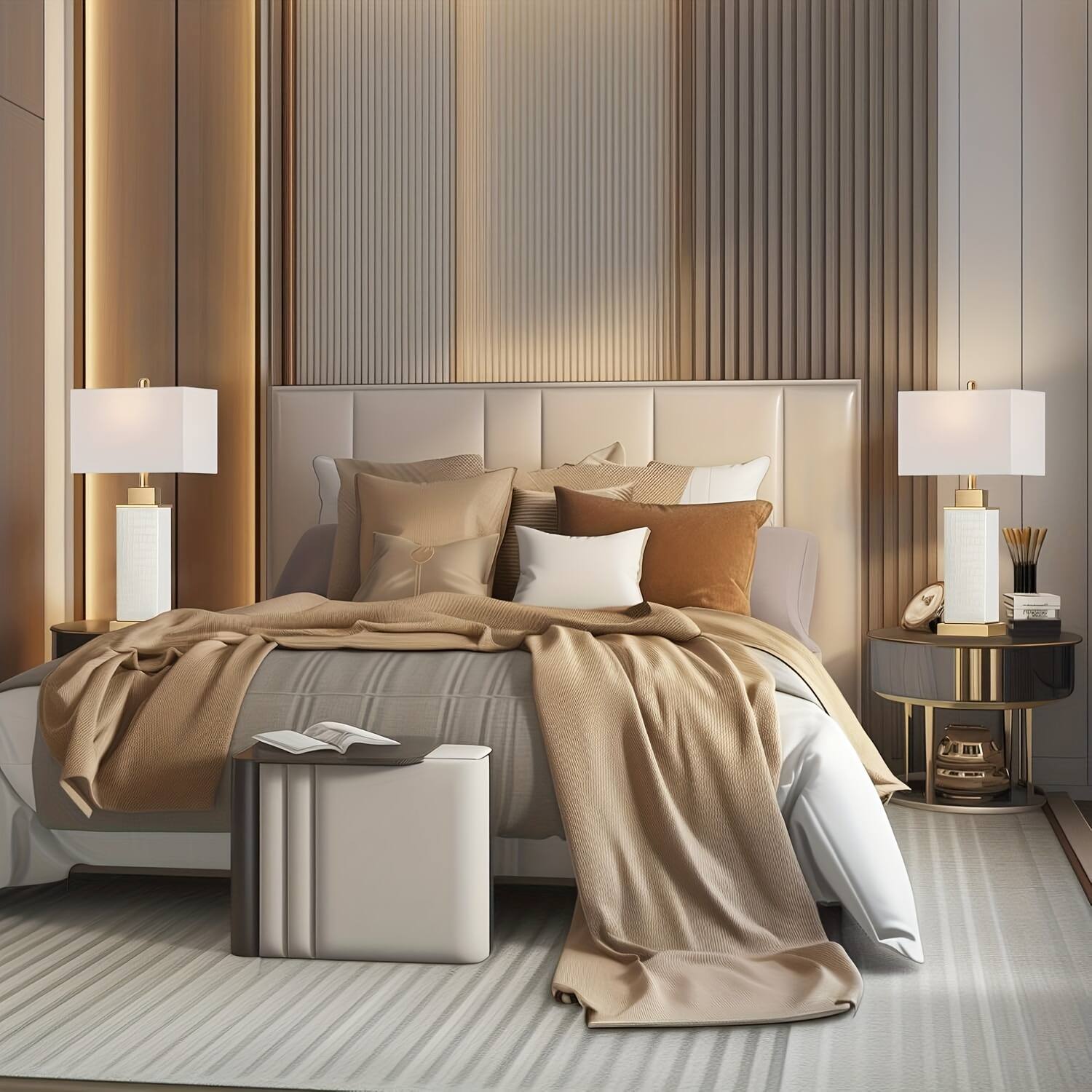 Back. Akoasm - Touch Control Table Lamps Set of 2, Modern White Bedside Lamp with USB C+A Ports for Living Room Bedroom.