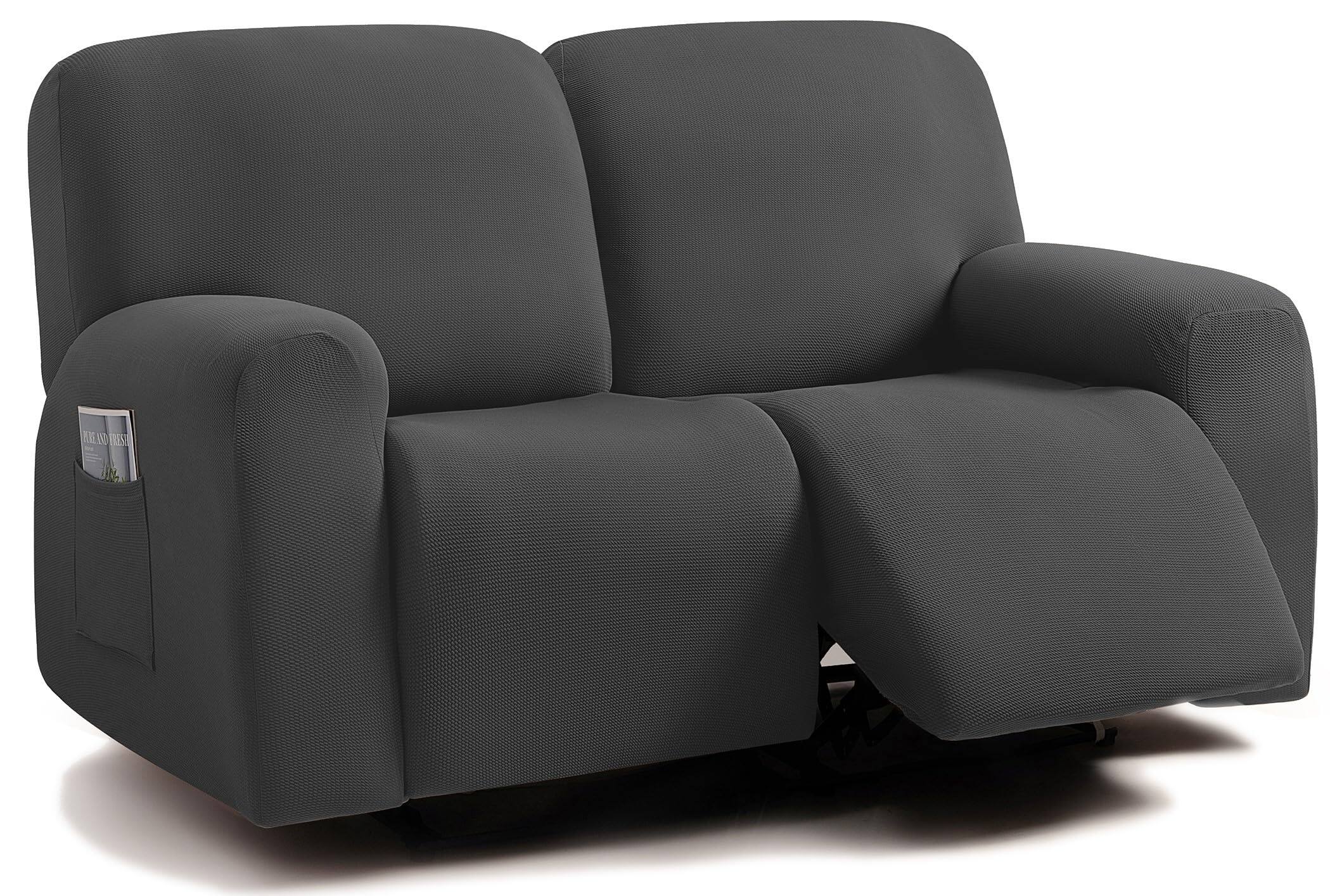 Fabibe - Jacquard Design Reclining Loveseat with Middle Console Slipcover, 8-Piece Stretch Sofa Covers - Black Loveseat Recliner Cover