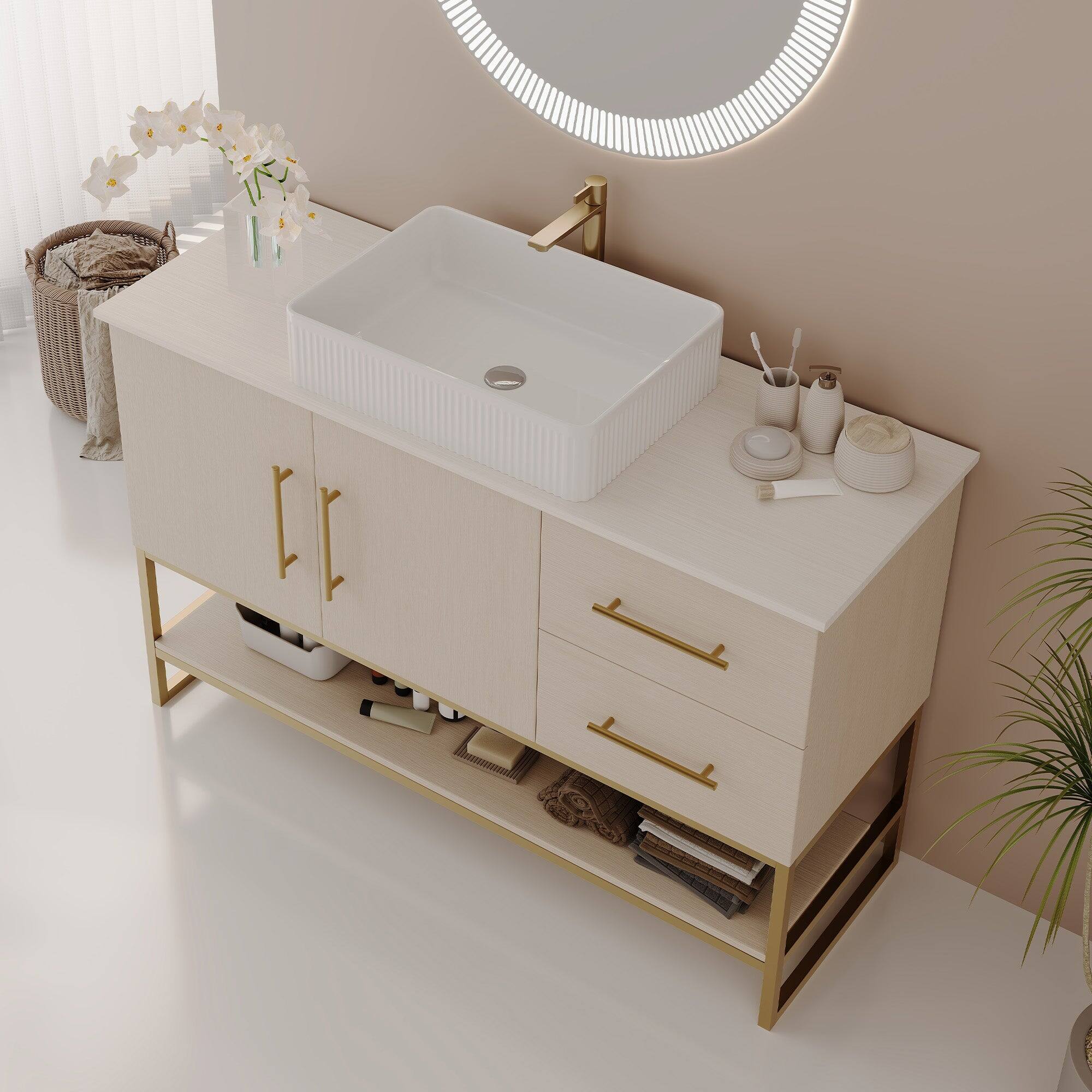 Front. Boyel Living - 47.2 In Modern Free Standing Vanity Ceramic Vessel Sink Gold Accent - Ameican White Oak.