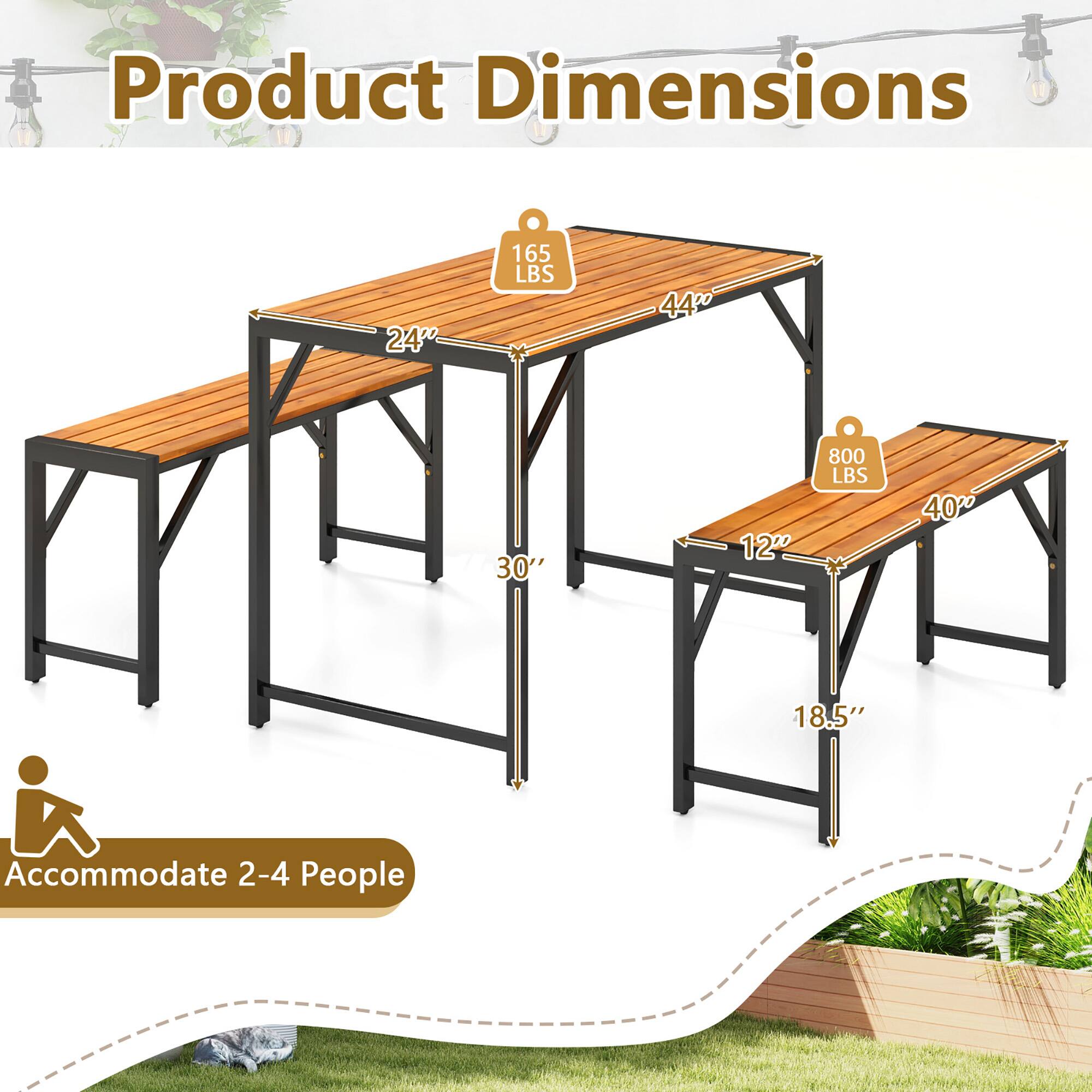 Product Dimensions: 24" x 44" x 30", 12" x 18.5", 165 LBS, 800 LBS, Accommodate 2-4 People