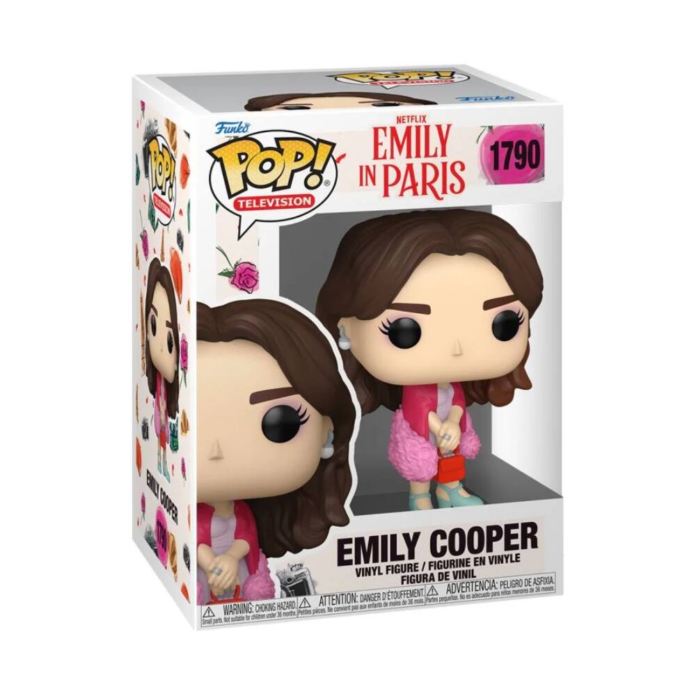 Sure, here is the corrected and grouped text from the image:

---

**Funko POP! TELEVISION**

**NETFLIX EMILY IN PARIS**

**1790**

**EMILY COOPER**

**VINYL FIGURE / FIGURINE EN VINYLE / FIGURA DE VINIL / FIGURA DE VINIL**

**WARNING: CHOKING HAZARD - Small parts. Not for children under 3 years.**

**ADVERTENCIA: PELO DE ASPIRA - DANGER D'ÉTOUFFEMENT - ATTENTION: PELIGRO DE ASPIRACIÓN - ADVERTENCIA: PELO DE ASPIRACIÓN**

---

This text is organized to reflect the information on the packaging.
