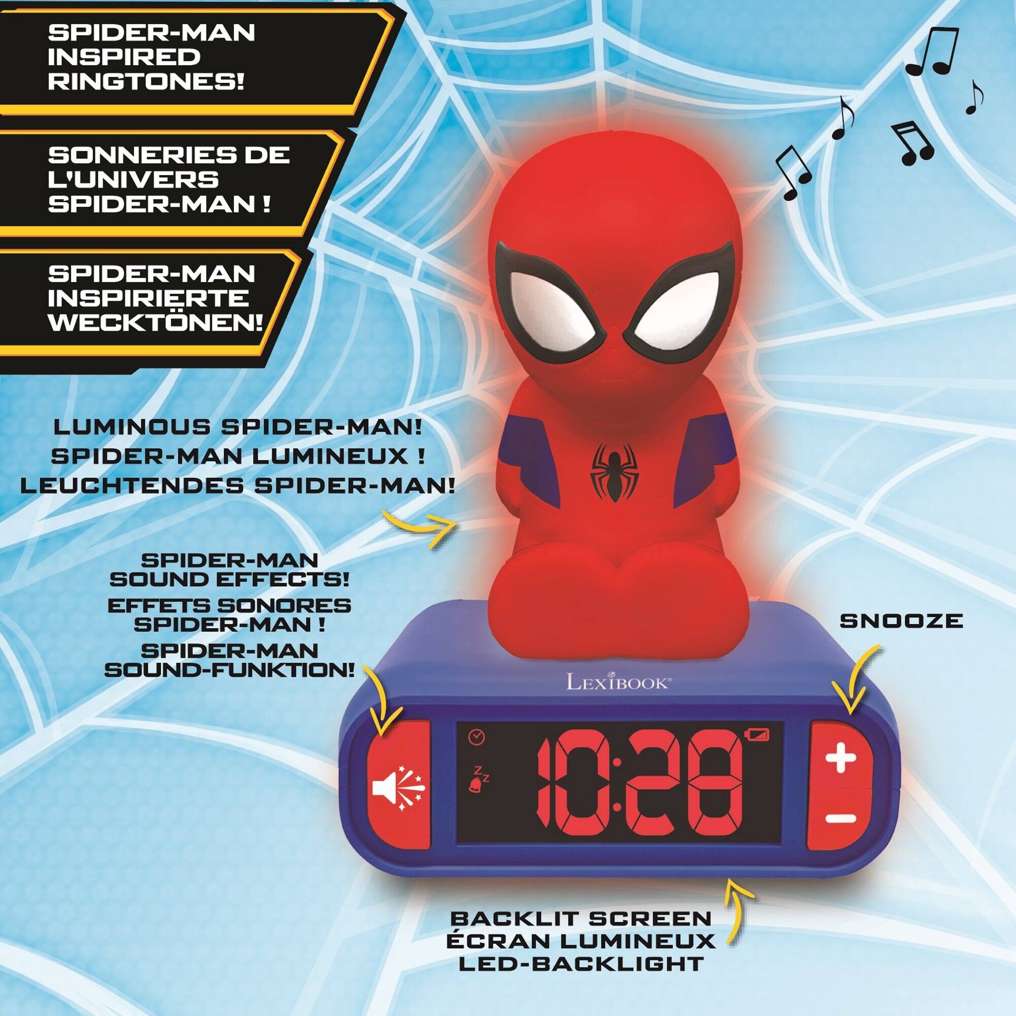 SPIDER-MAN INSPIRED RINGTONES!  
SONNERIES DE L'UNIVERS SPIDER-MAN!  
SPIDER-MAN INSPIRIERTE WECKTONEN!  

LUMINOUS SPIDER-MAN!  
SPIDER-MAN LUMINEUX!  
LEUCHTENDES SPIDER-MAN!  

SPIDER-MAN SOUND EFFECTS!  
EFFETS SONORES SPIDER-MAN!  
SPIDER-MAN SOUND-FUNKTION!  

SNOOZE LEXIBOOK + 1028 - BACKLIT SCREEN CRAN LUMINEUX LED-BACKLIGHT