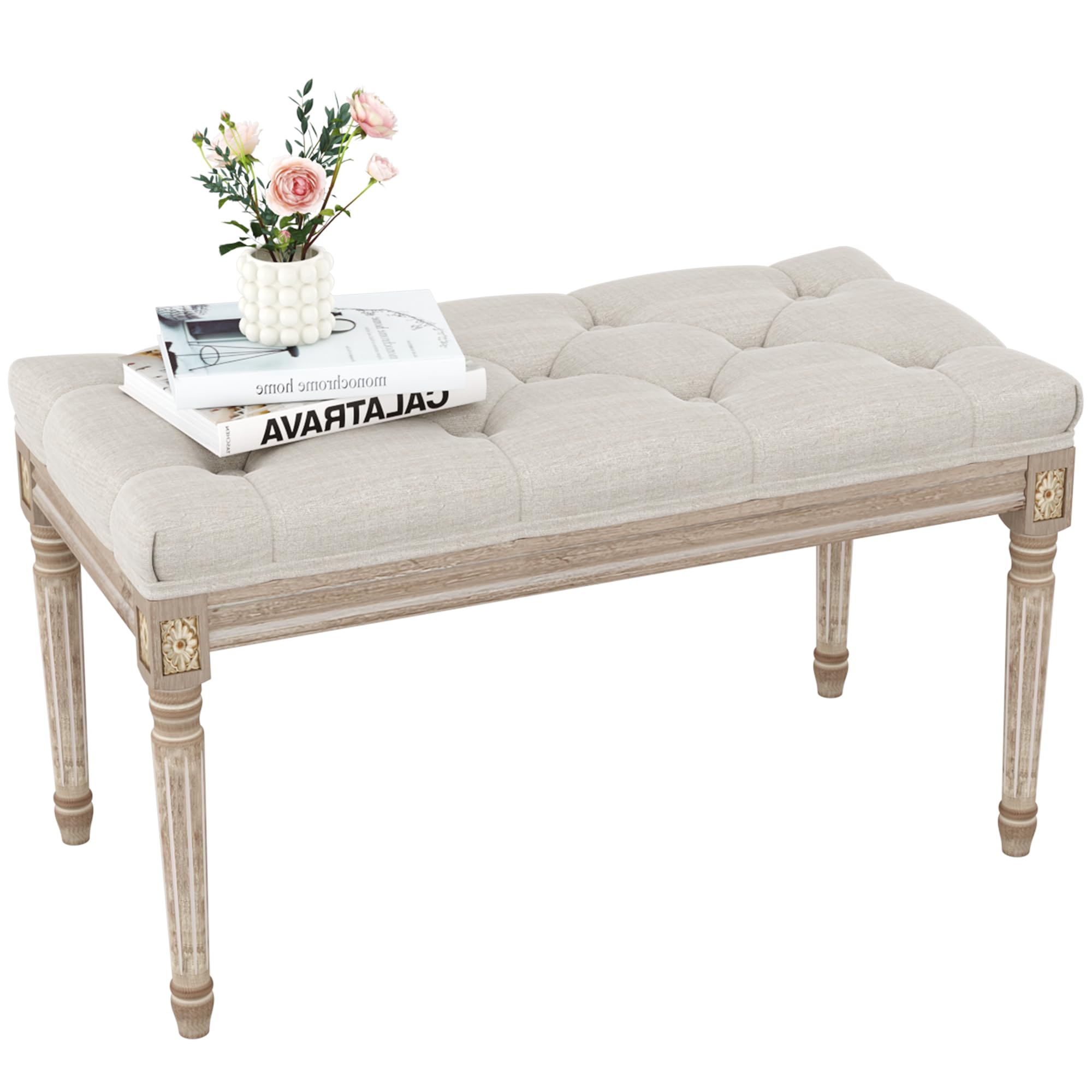 JETRANSPORT - Upholstered Bench Bedroom For End Of Bed Piano With Button Tufted Padded Seat Living Room Dining Entryway - Beige 31 50'' 15 75'' 18 89''