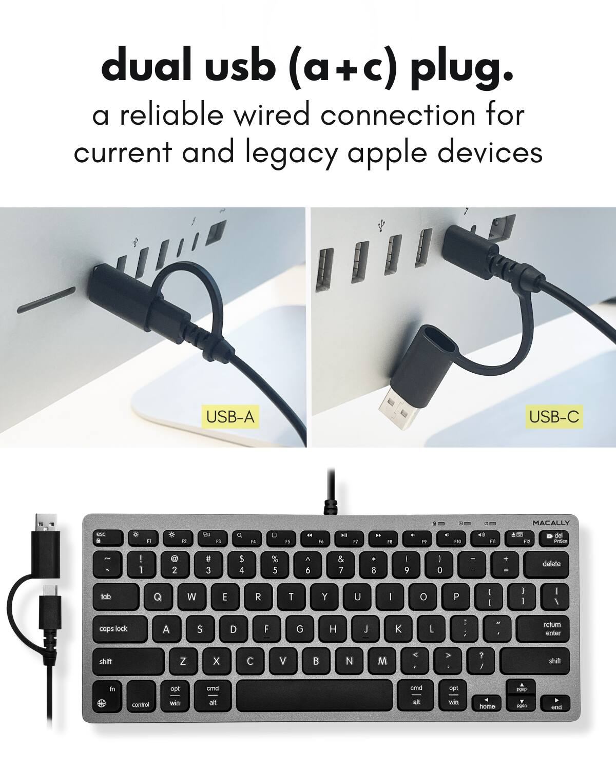 dual usb (a+c) plug.  
a reliable wired connection for current and legacy apple devices  

USB-A  
USB-C  

MACALLY
