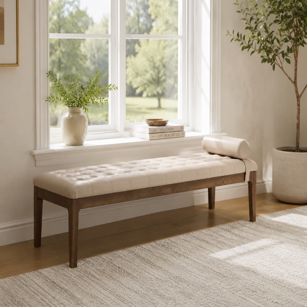 "Ropilly - 66"" Upholstered End of Bed Bench, Faux Leather Entryway Shoe Bench with Headrest & Dark Walnut Wood Legs - Taupe" price history on PriceWatchPro
