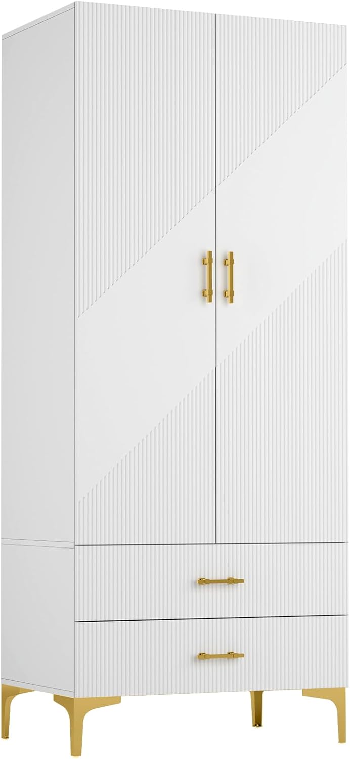 Alt View 4. Tiramisubest - Wardrobe Armoire with 2 Drawers and Hanging Rods,Twill Wooden Closet Storage with Metal Cabinet Legs,White(Left Modern) - White.