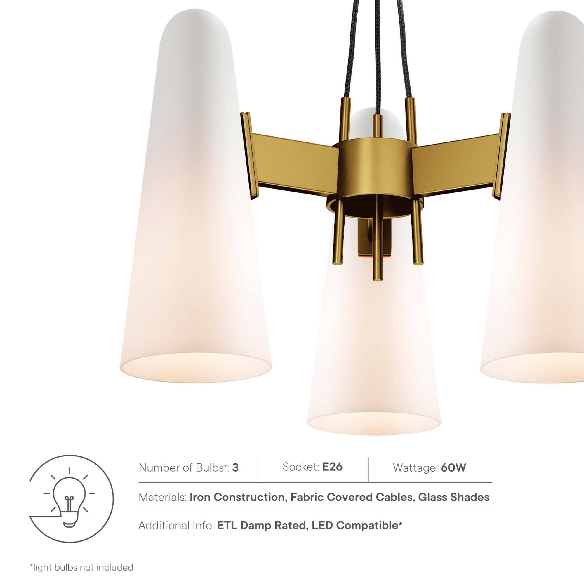 Number of Bulbs*: 3  
Socket: E26  
Wattage: 60W  
Materials: Iron Construction, Fabric Covered Cables, Glass Shades  
Additional Info: ETL Damp Rated, LED Compatible*  

*light bulbs not included