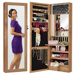 Best Choice Products - Hanging Mirror Jewelry Armoire, Door or Wall Mounted Cabinet w/ LED Lights, Lock - Rustic Brown