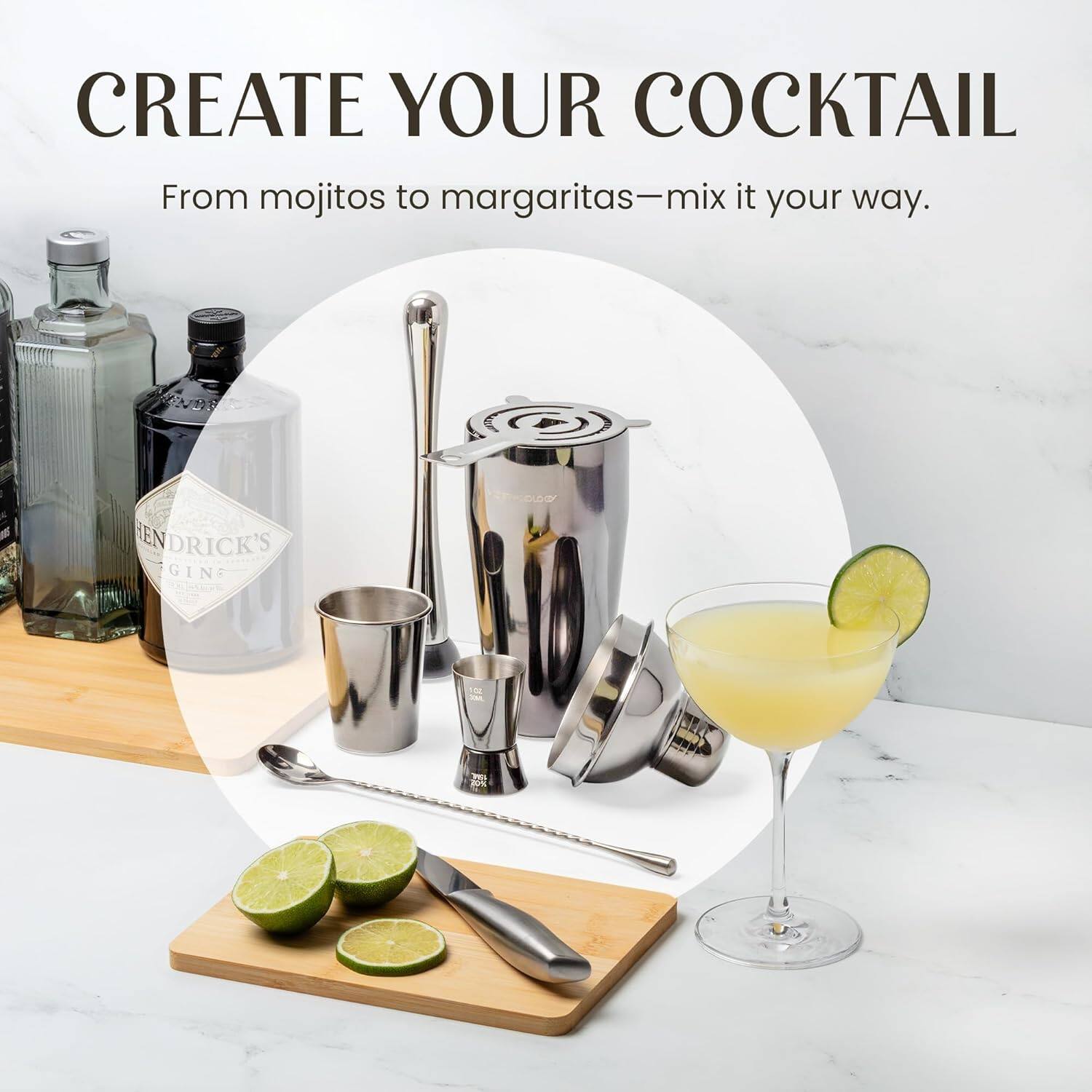 CREATE YOUR COCKTAIL  
From mojitos to margaritas—mix it your way.  
HENDRICK'S GIN