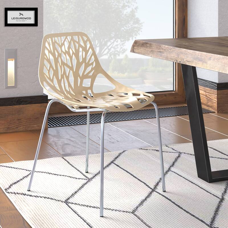 Angle. LeisureMod - Asbury Stackable Modern Dining Chair with Cut Out Design and Chrome Legs Side Chair for Home Living Room - Cream.