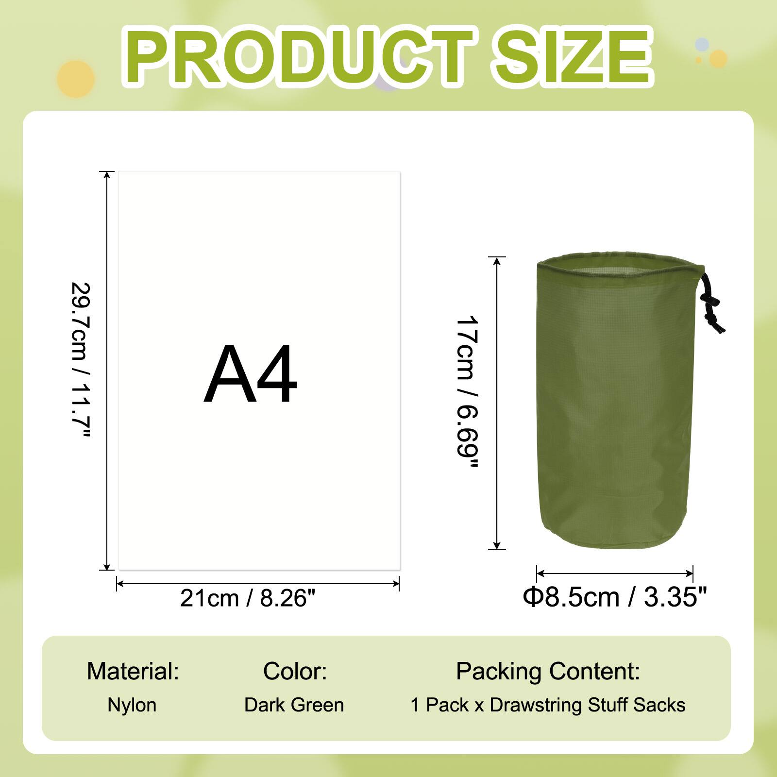 PRODUCT SIZE

- 29.7cm / 11.7"
- 21cm / 8.26"
- 17cm / 6.69"
- Ø8.5cm / 3.35"

Material: Nylon  
Color: Dark Green  
Packing Content: 1 Pack x Drawstring Stuff Sacks