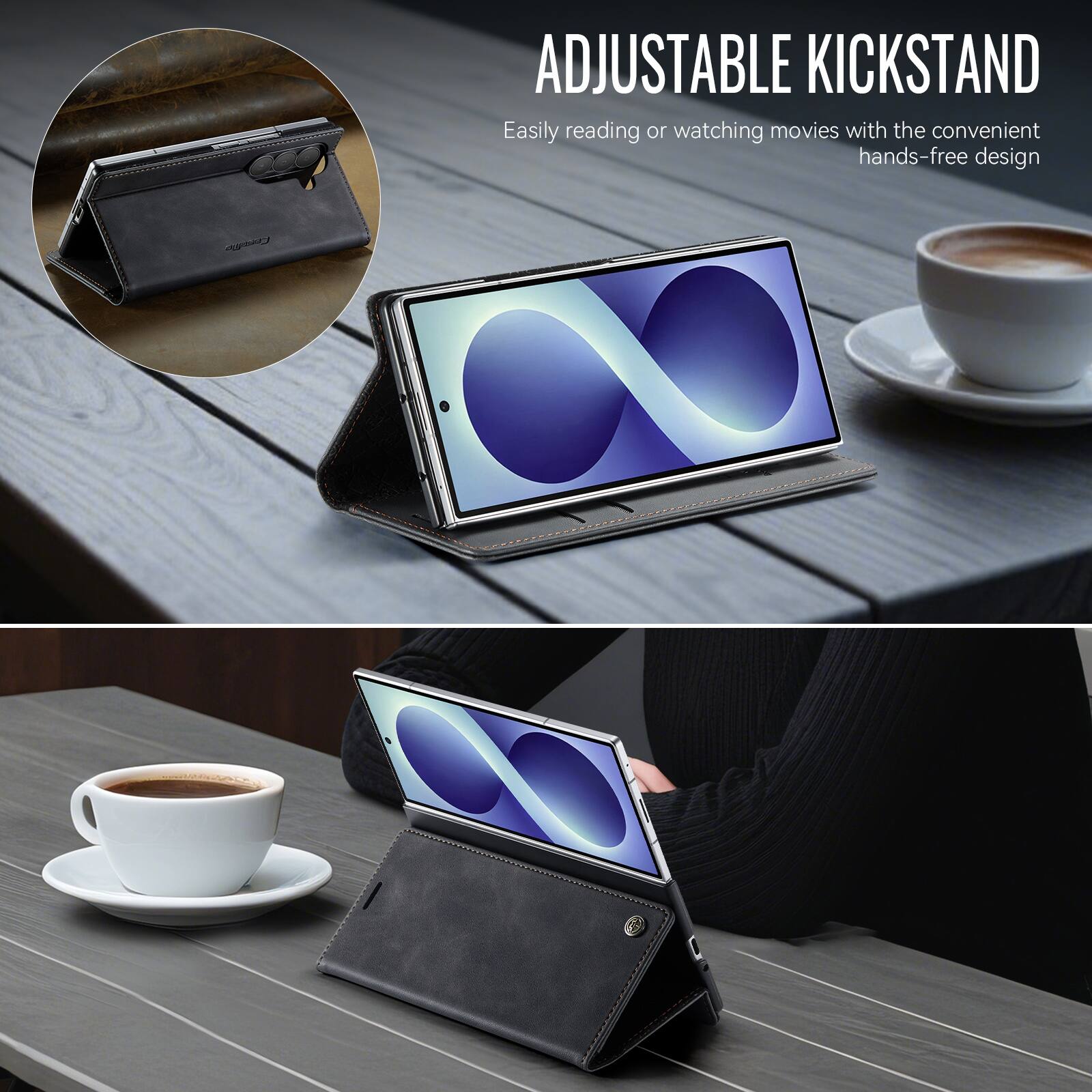 ADJUSTABLE KICKSTAND  
Easily reading or watching movies with the convenient hands-free design