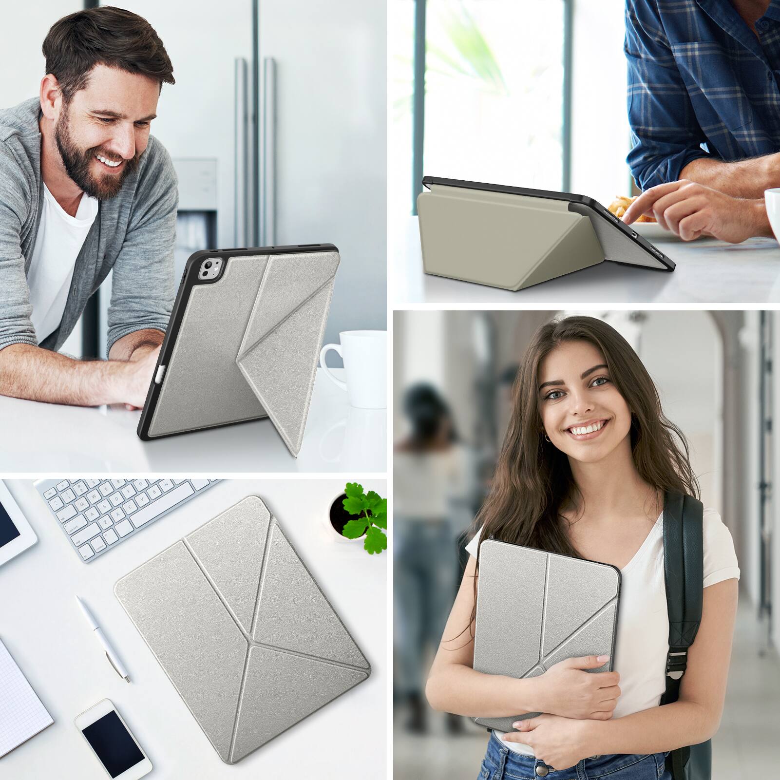 Alt View 2. DTTO - Case for iPad Pro 13 Inch Case (M5/M4) 2025/2024, Origami Case with Multi fold,  Pencil Holder, Support Auto Wake/Sleep - Silver.