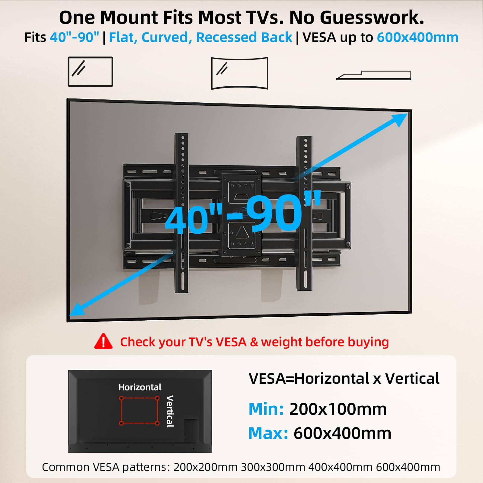 One Mount Fits Most TVs. No Guesswork. Fits 40"-90" Flat, Curved, Recessed Back | VESA up to 600x400mm

40"-90"

Check your TV's VESA & weight before buying

VESA=Horizontal x Vertical
Min: 200x100mm
Max: 600x400mm

Common VESA patterns: 200x200mm 300x300mm 400x400mm 600x400mm