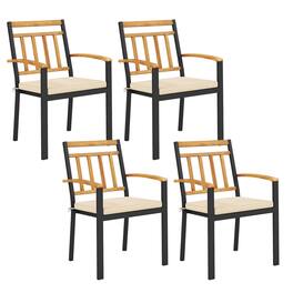 Costway - Patio Dining Chairs Set of 4 Metal Outdoor Chairs with Removable Padded Cushions - Black + Natural