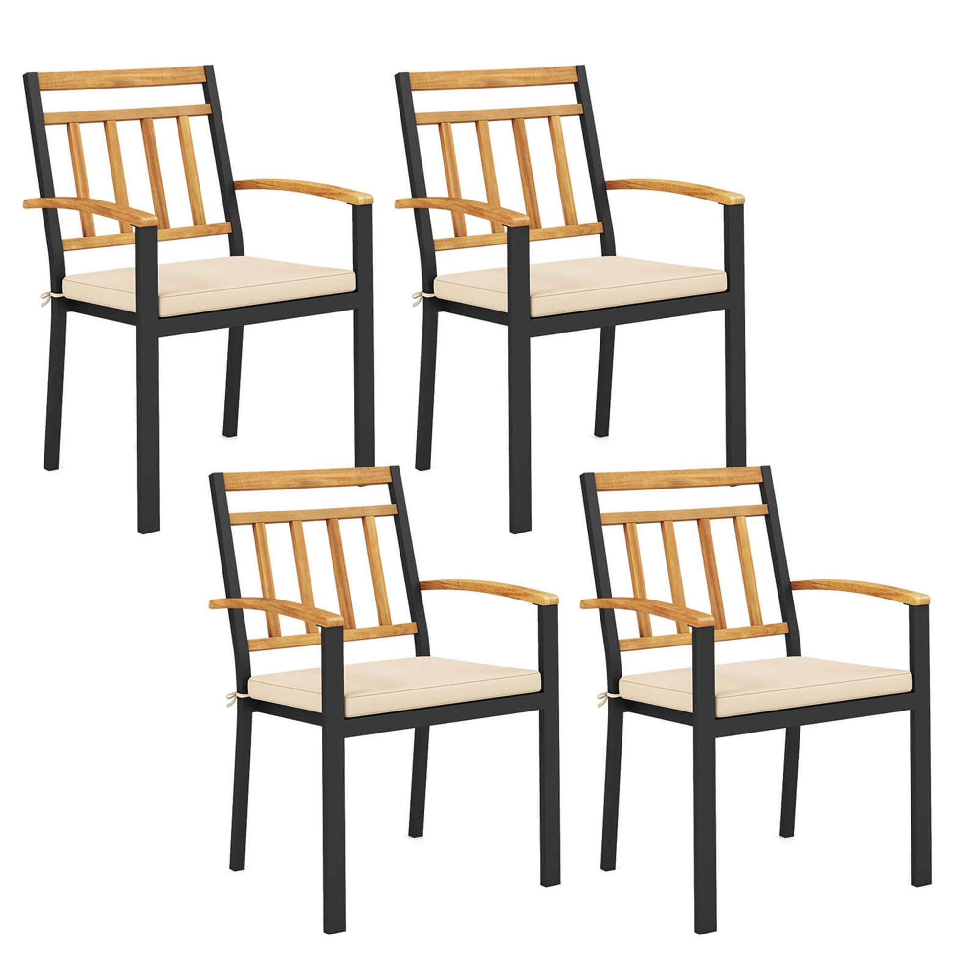 Front. Costway - Patio Dining Chairs Set of 4 Metal Outdoor Chairs with Removable Padded Cushions - Black + Natural.