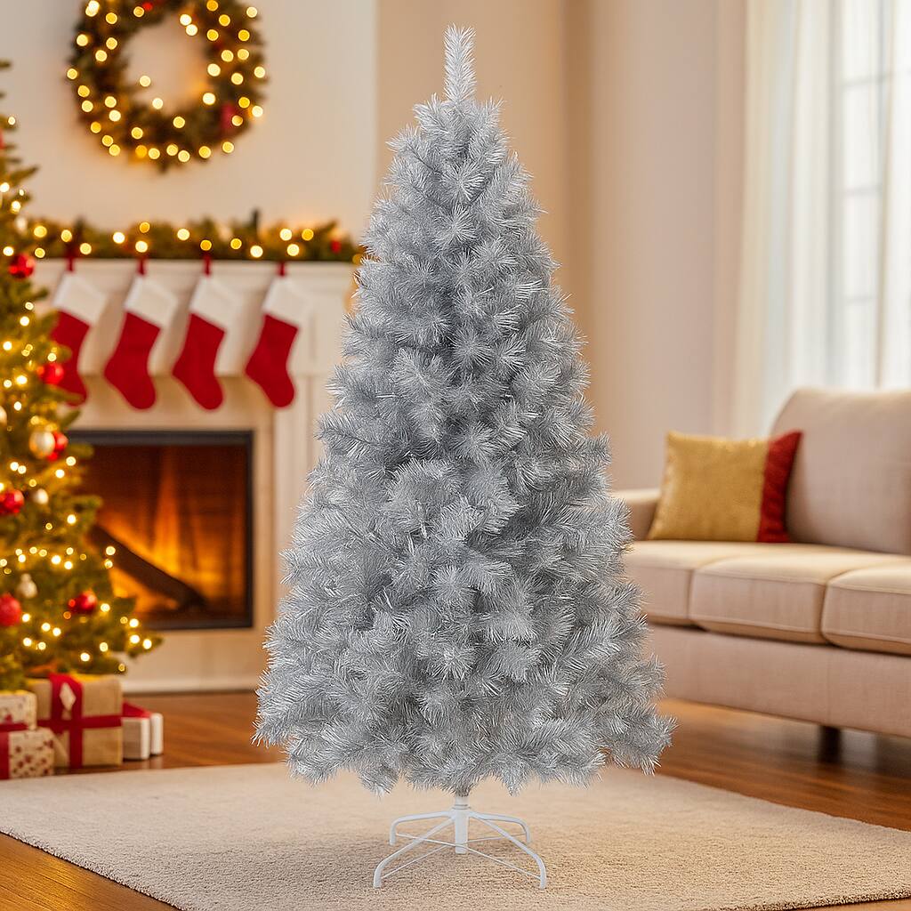 Front. BreeBe - Decorative Prelit Christmas Tree – 5ft to 7ft for Parties and Holidays - Silver.