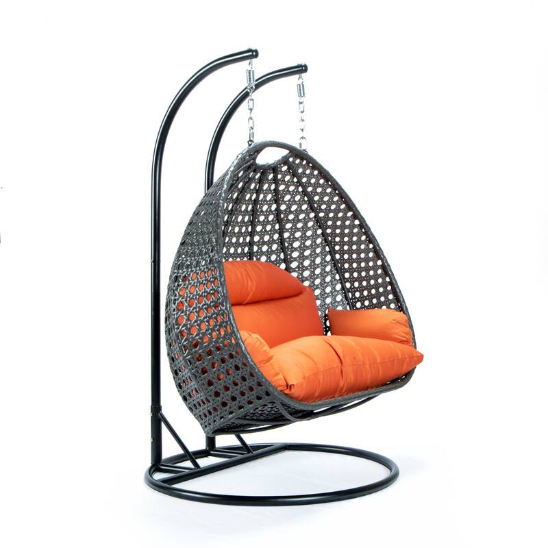 Back. LeisureMod - Leisuremod Outdoor 2-Person Charcoal Wicker Egg Swing Chair with Steel Stand, Washable Cushions & Waterproof Cover - Orange.