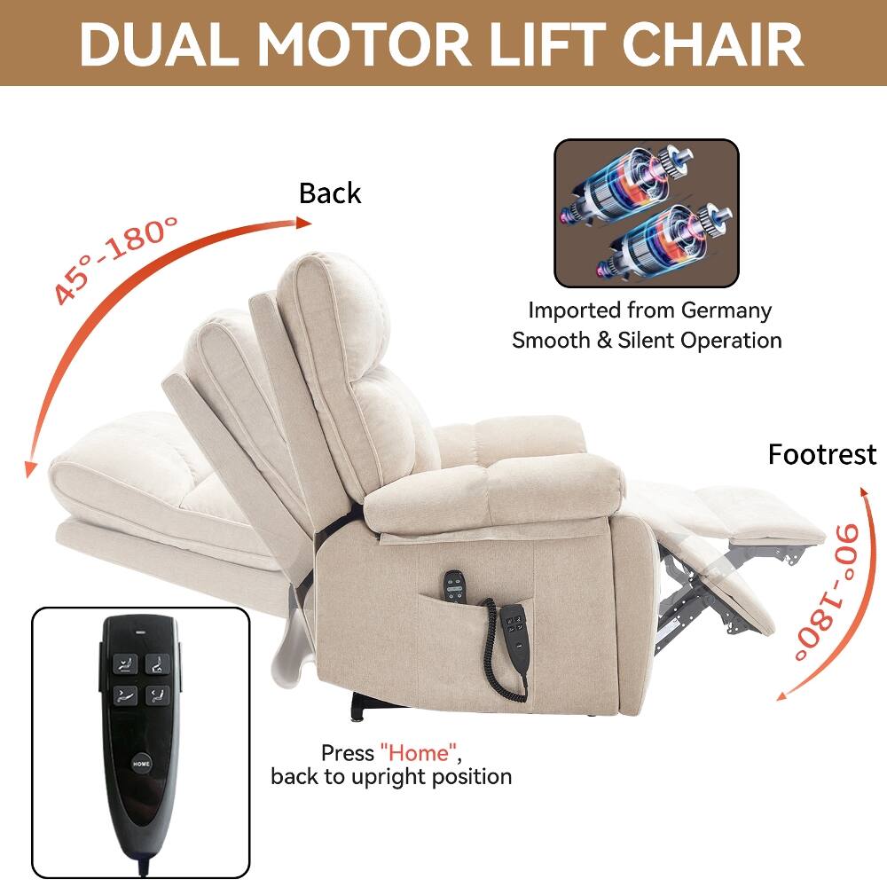 DUAL MOTOR LIFT CHAIR

45°-180° HOME

Back

Imported from Germany
Smooth & Silent Operation

Footrest
90°-180°

Press "Home", back to upright position