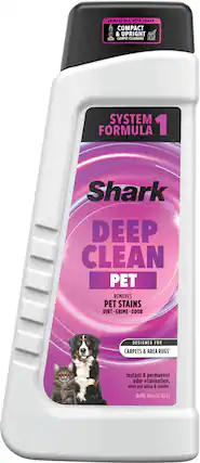 COMPATIBLE WITH SHARK COMPACT & UPRIGHT : CARPET CLEANERS SYSTEM FORMULA 1 Shark DEEP CLEAN PET REMOVES PET STAINS DIRT DIRT-GRIME-ODOR GRIME ODOR DESIGNED FOR CARPETS & AREA RUGS Instant & permanent odor elimination; even pet urine & smoke. Refill 48oz (1.42 L)