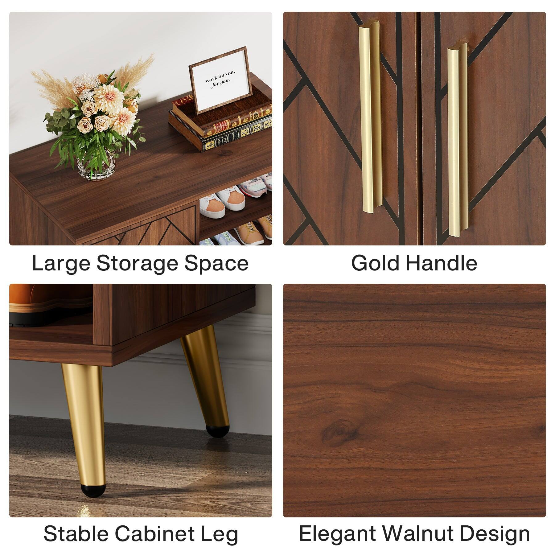 - Large Storage Space
- Gold Handle
- Stable Cabinet Leg
- Elegant Walnut Design