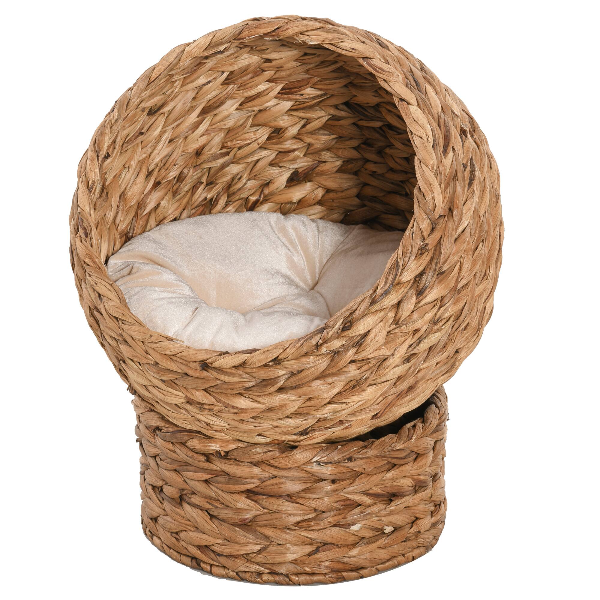 Front. TinyHomie - PawHut 235 Brown Handwoven Elevated Cat Bed Egg Chair Shape Soft Cushion.