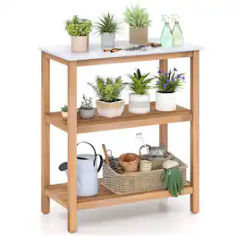 Gymax - 3-Tier Patio Garden Potting Bench Table w/ Acacia Wood 2 Slatted Shelves - Natural, White