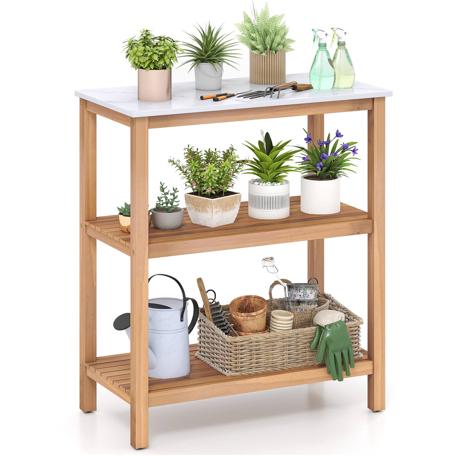 Front. Gymax - Gymax 3-Tier Patio Garden Potting Bench Table w/ Acacia Wood 2 Slatted Shelves - Natural, White.
