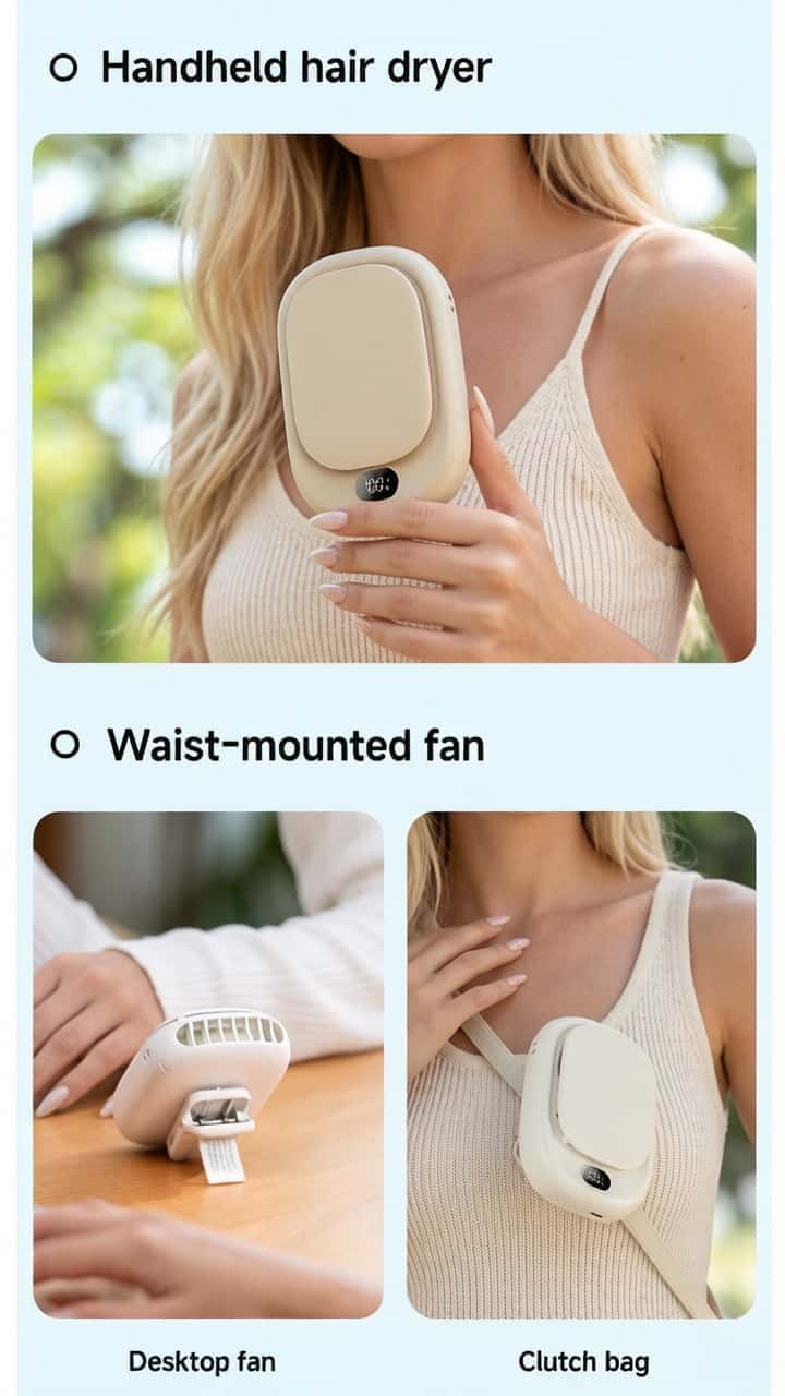- Handheld hair dryer
- Waist-mounted fan
  - Desktop fan
  - Clutch bag