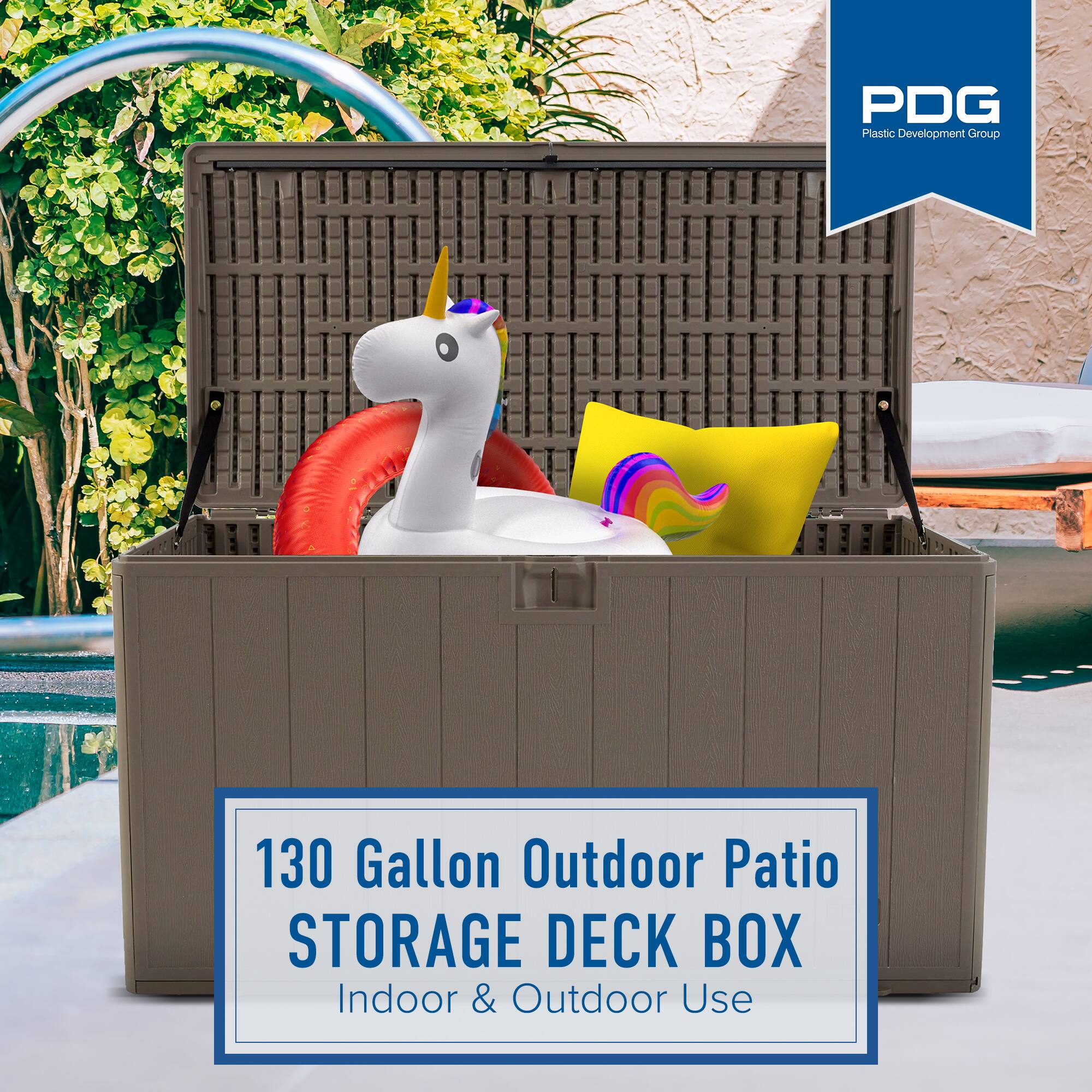 PDG Plastic Development Group

130 Gallon Outdoor Patio STORAGE DECK BOX

Indoor & Outdoor Use