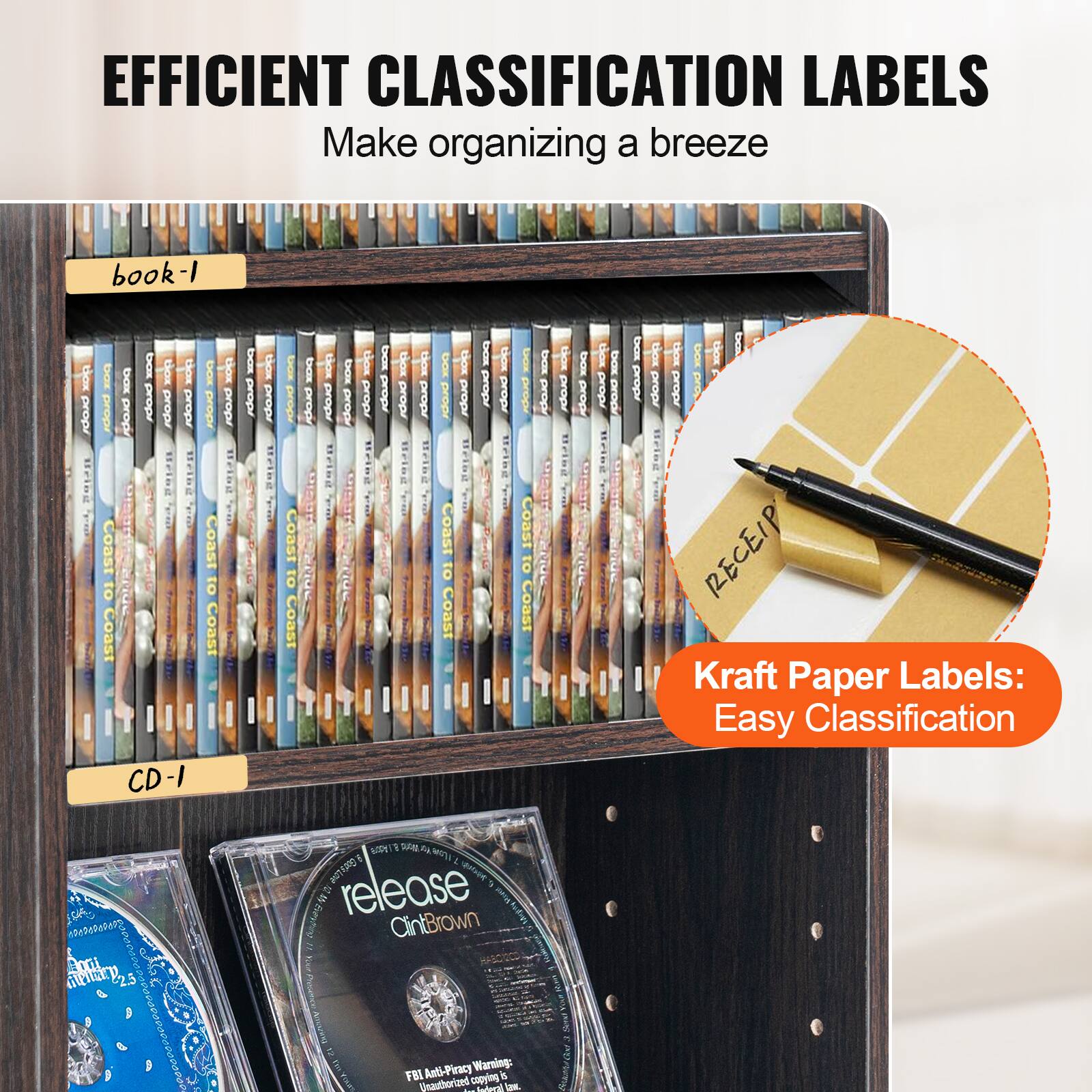 EFFICIENT CLASSIFICATION LABELS  
Make organizing a breeze  

book-1  
CD-1  

Kraft Paper Labels: Easy Classification  

release  
Clint Brown  

FBI Anti-Piracy Warning: Unauthorized copying is a violation of federal law.