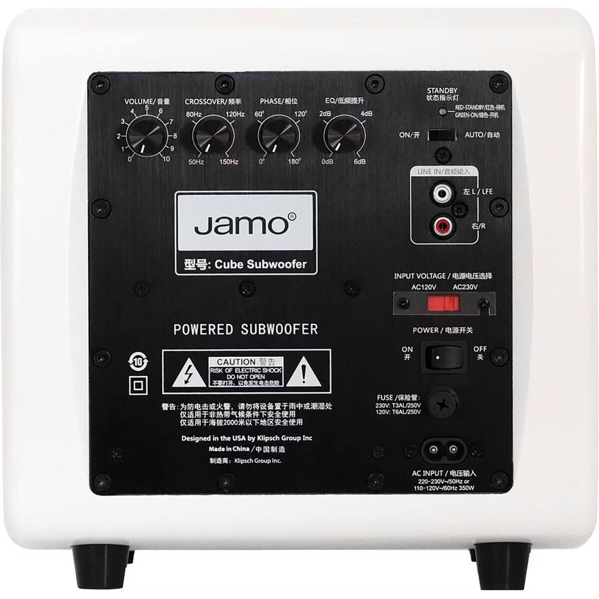 VOLUME/ CROSSOVER/ PHASE/ 5 4 6 120 80Hz 120Hz 60 3 7 2dU 4dB STANDBY  RED-STANDEY/CS- GREEN-ON/ 2 1 a I 8  10 50HZ 150Hz 0 180 odB 6dB ON/ AUTO/ LNE IN/ LLFE  Jamo /R Cube Subwoofer INPUT VOLTAGE /  AC120V AC230V POWERED SUBWOOFER POWER  10 CAUTION RISK OF FLFCTRIC SHOCK DO NOT OPEN ! ON FUSE / 230V T3AL/250V 120V T6AL/250V OFF Designed in the USA by Klipsch Group Inc Made in China /    Klipsch Group Inc. AC INPUT  220-230V-/50H - 110-120V-/60Hz 350W