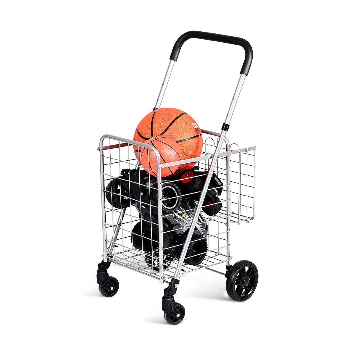 Alt View 2. Costway - Folding Shopping Cart Jumbo Basket Rolling Utility Trolley with Adjustable Handle - Silver.