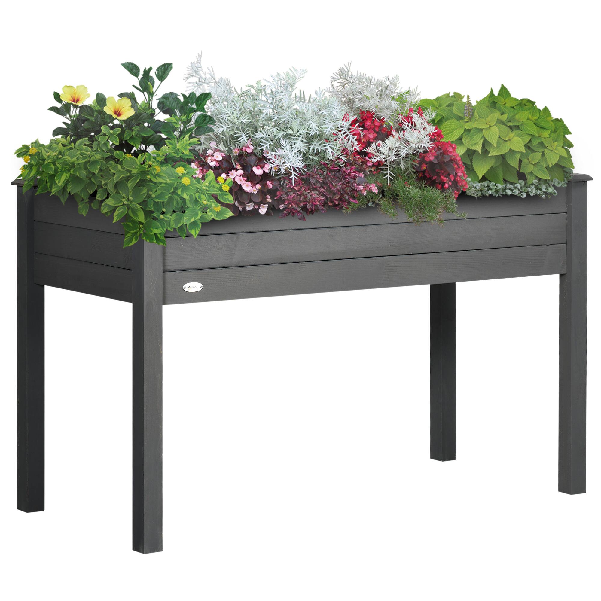 Front. Outsunny - Raised Garden Bed with Legs, 48" x 22" x 30", Elevated Wooden Planter Box, Self-Draining with Bed Liner for Vegetables - Dark Gray.