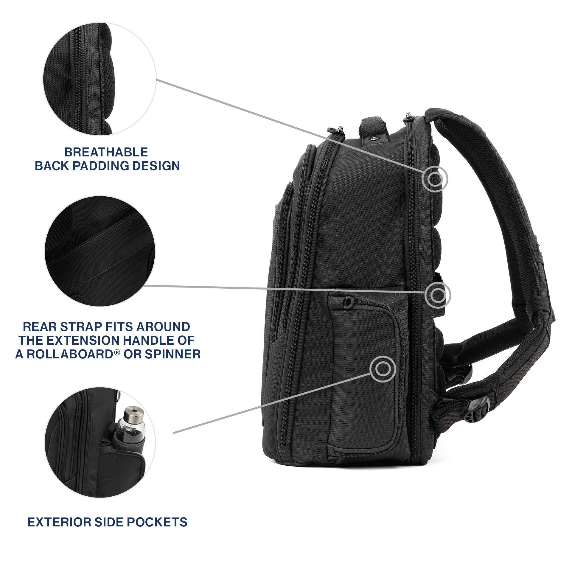 BREATHABLE BACK PADDING DESIGN  
REAR STRAP FITS AROUND THE EXTENSION HANDLE OF A ROLLABOARD® OR SPINNER  
EXTERIOR SIDE POCKETS
