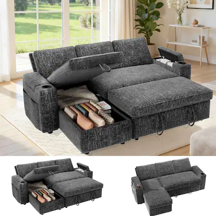 Front. Dyonery - Dyonery 82" Pull Out Couch Sleeper Sofa Bed,with Armrest Storage Cup Holder Side Pocket Tool-Free Assembly , Green - Gray.