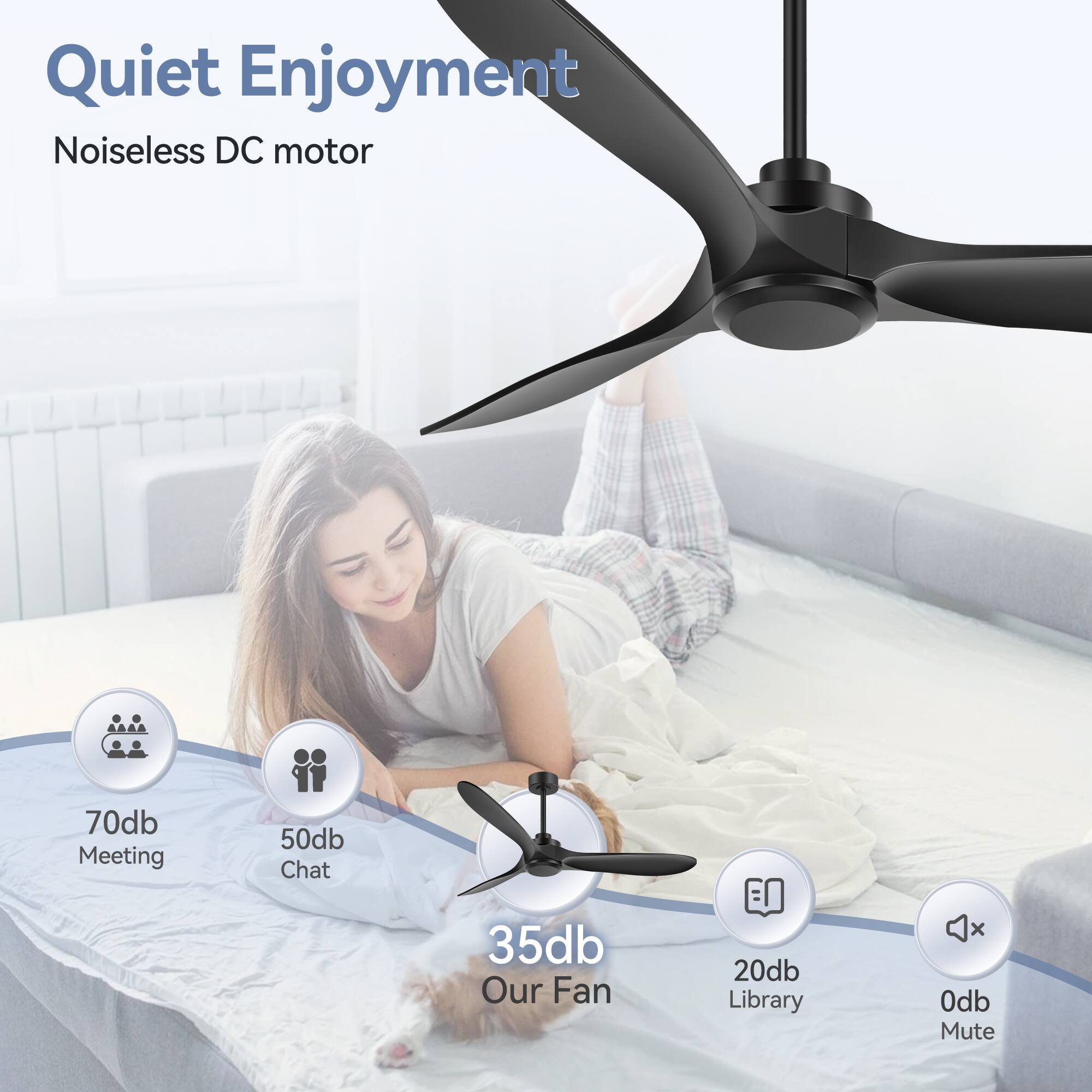 Quiet Enjoyment, Noiseless DC motor, 70db Meeting, 50db Chat, 35db Our Fan, 20db Library, 0db Mute