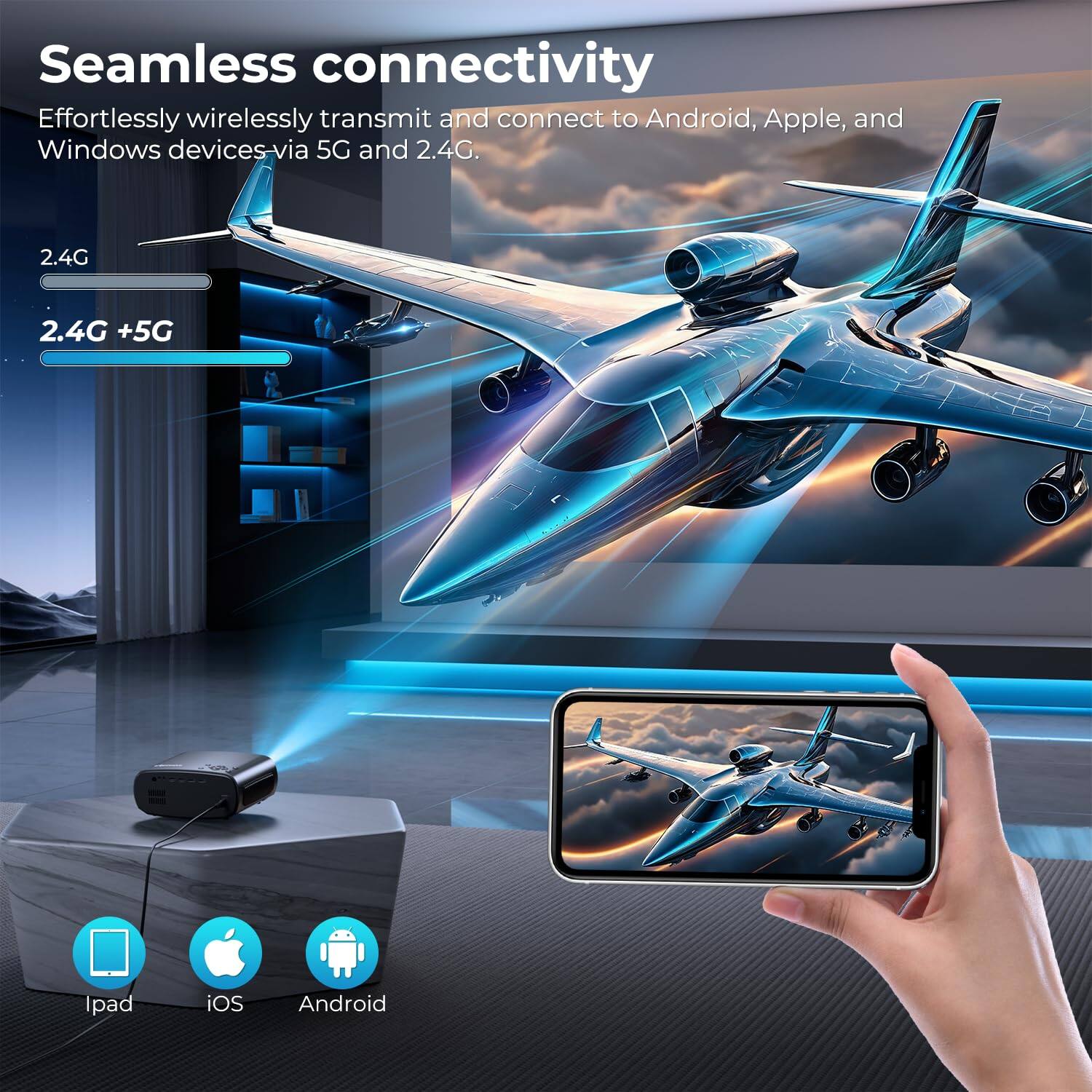 Seamless connectivity Effortlessly wirelessly transmit and connect to Android, Apple, and Windows devices-via 5G and 2.4G. 2.4G 2.4G +5G Ipad iOS Android