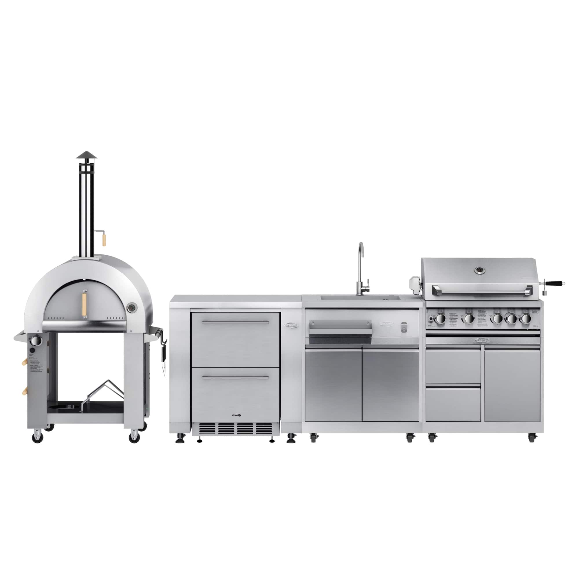 Koolmore - Dual Fuel Pizza Oven, Refrigerator and Cabinet, Double Refrigerator Drawers, Sink and 30 in. BBQ Grill and Cabinet - Stainless Steel