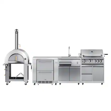 Front. Koolmore - Dual Fuel Pizza Oven, Refrigerator and Cabinet, Double Refrigerator Drawers, Sink and 30 in. BBQ Grill and Cabinet - Stainless Steel.