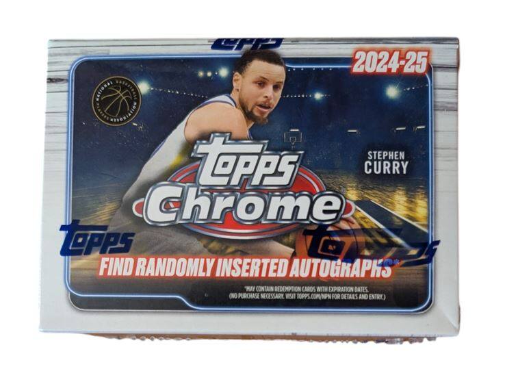CFP 2024-25  
NATIONAL BASKETBALL ASSOCIATION  
Topps Chrome  
FIND RANDOMLY INSERTED AUTOGRAPHS  
STEPHEN CURRY  

"MAY CONTAIN REDEMPTION CARDS WITH EXPIRATION DATES. (NO PURCHASE NECESSARY. VISIT TOPPS.COM/NPN FOR DETAILS AND ENTRY.)"