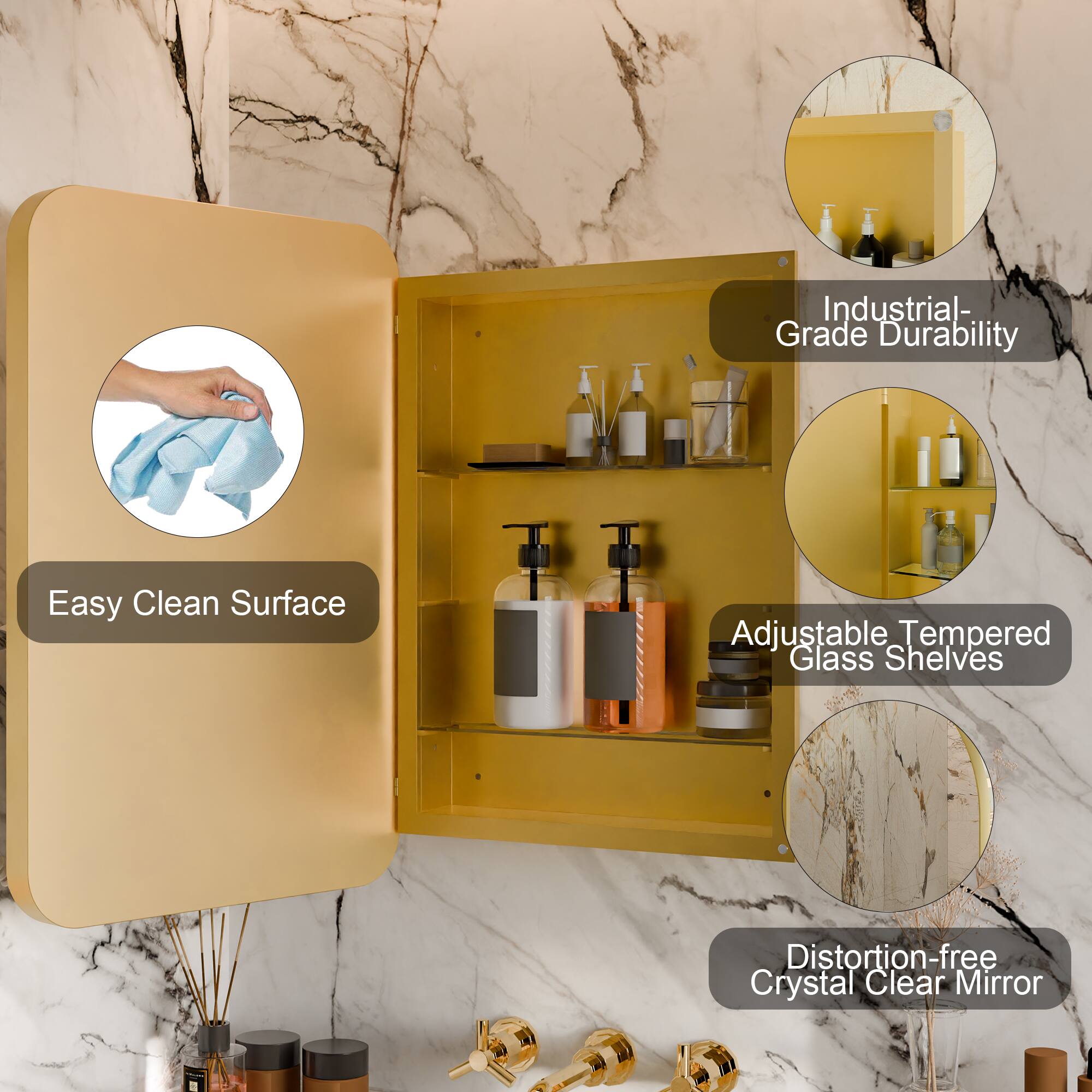 - Industrial-Grade Durability
- Easy Clean Surface
- Adjustable Tempered Glass Shelves
- Distortion-free Crystal Clear Mirror