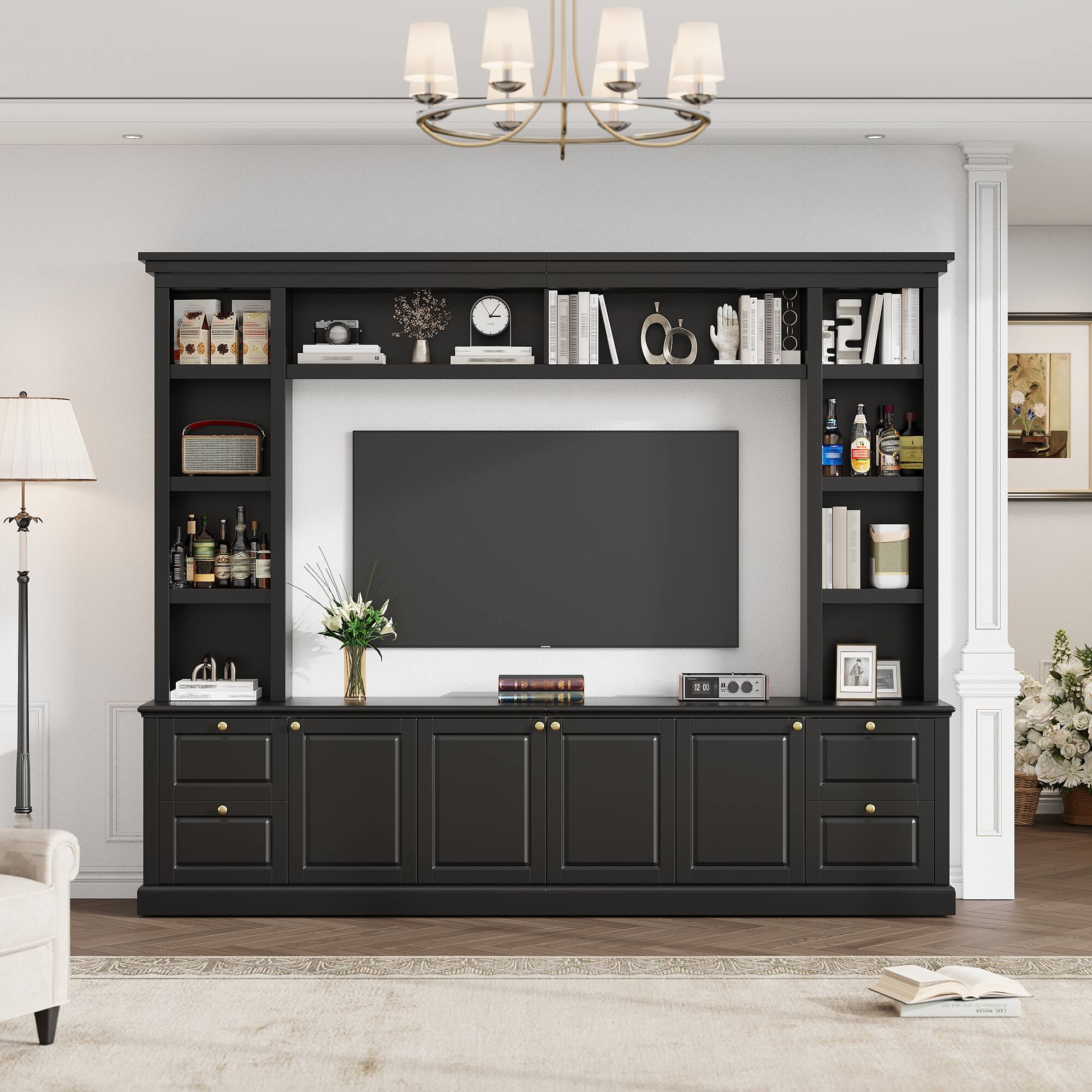 Front. Tiramisubest - 94-Inch All-in-One Entertainment Center for TVs up to 70 inch with Bookcase, Wine Rack & Display - Black.