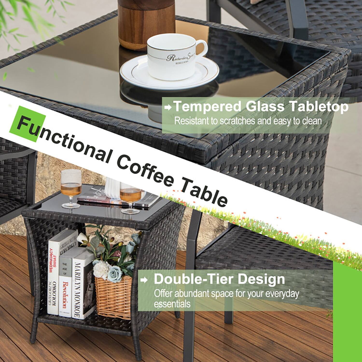 RaruS RIHA Tempered Glass Tabletop  
Resistant to scratches and easy to clean  
Functional Coffee Table  
Double-Tier Design  
Offer abundant space for your everyday essentials
