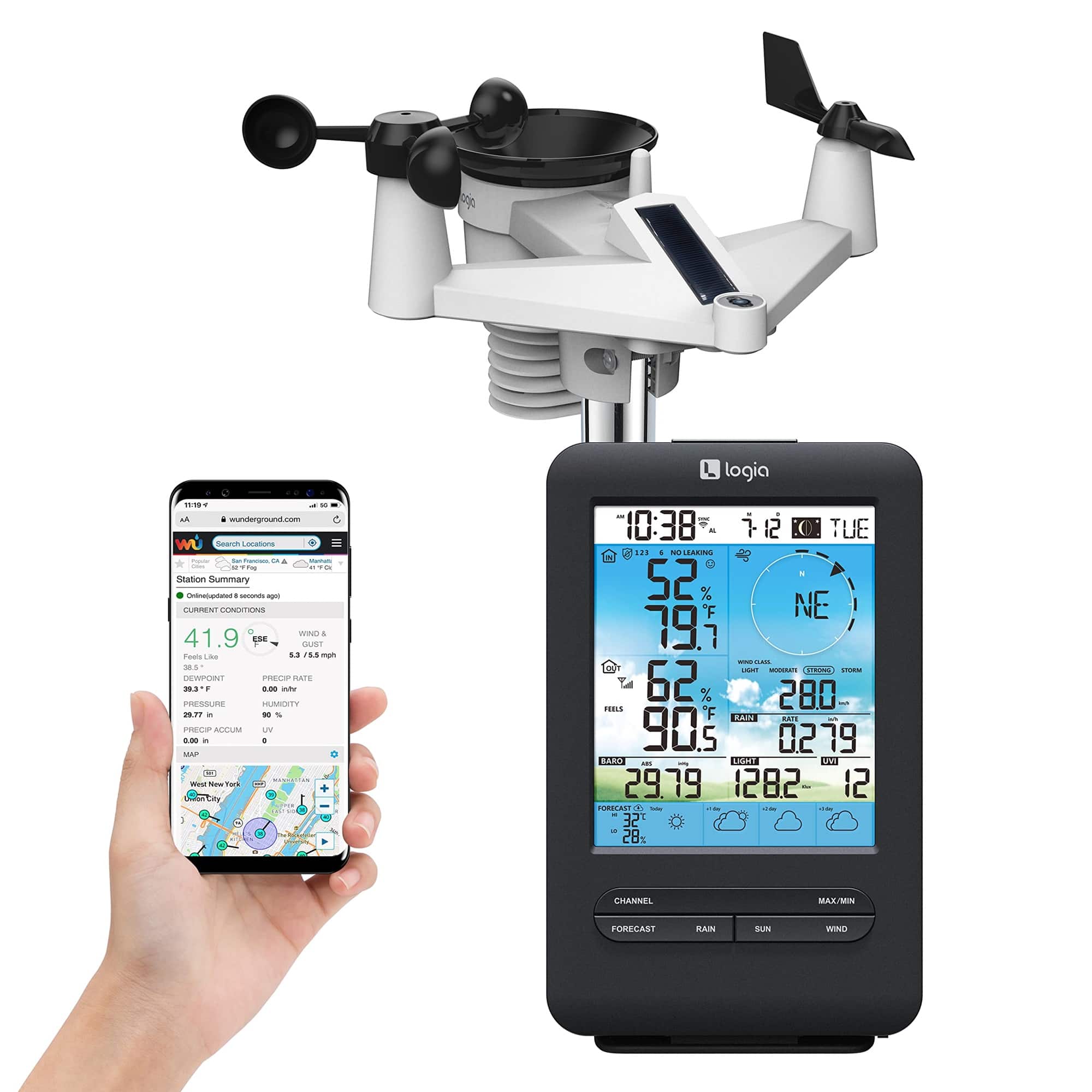 Logia - 7-in-1 Wireless Weather Station with 4-Day Forecast, Wi-Fi, Solar Cell & Display Console - White and Black