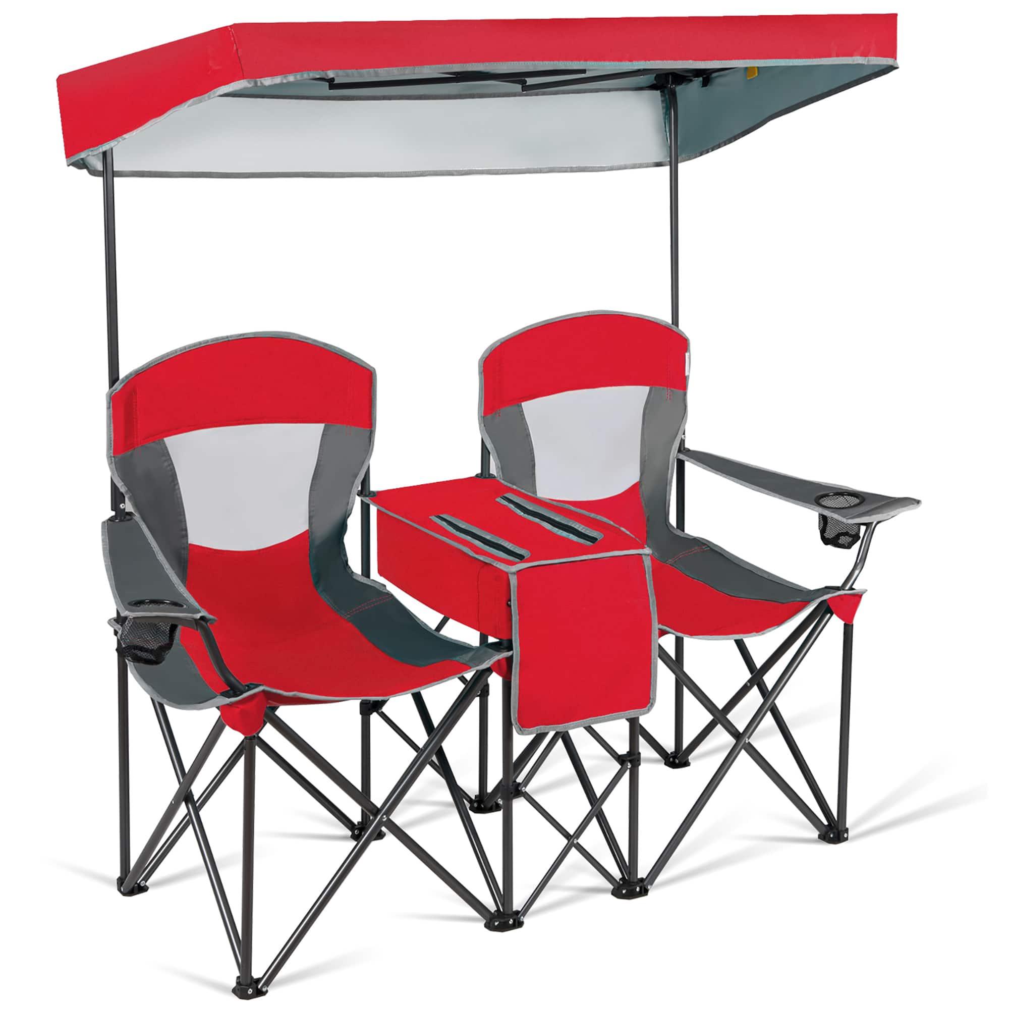 Front. Costway - Costway Portable Folding Camping Canopy Chairs w/ Cup Holder Cooler Outdoor - Red.