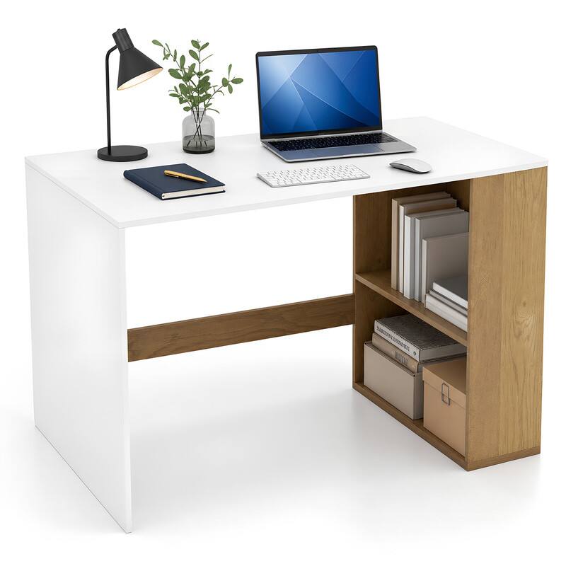 Left. WELLFOR - 44" Computer Desk with Bookshelf, Modern Home Office Desk for Small Space - White and Natural.