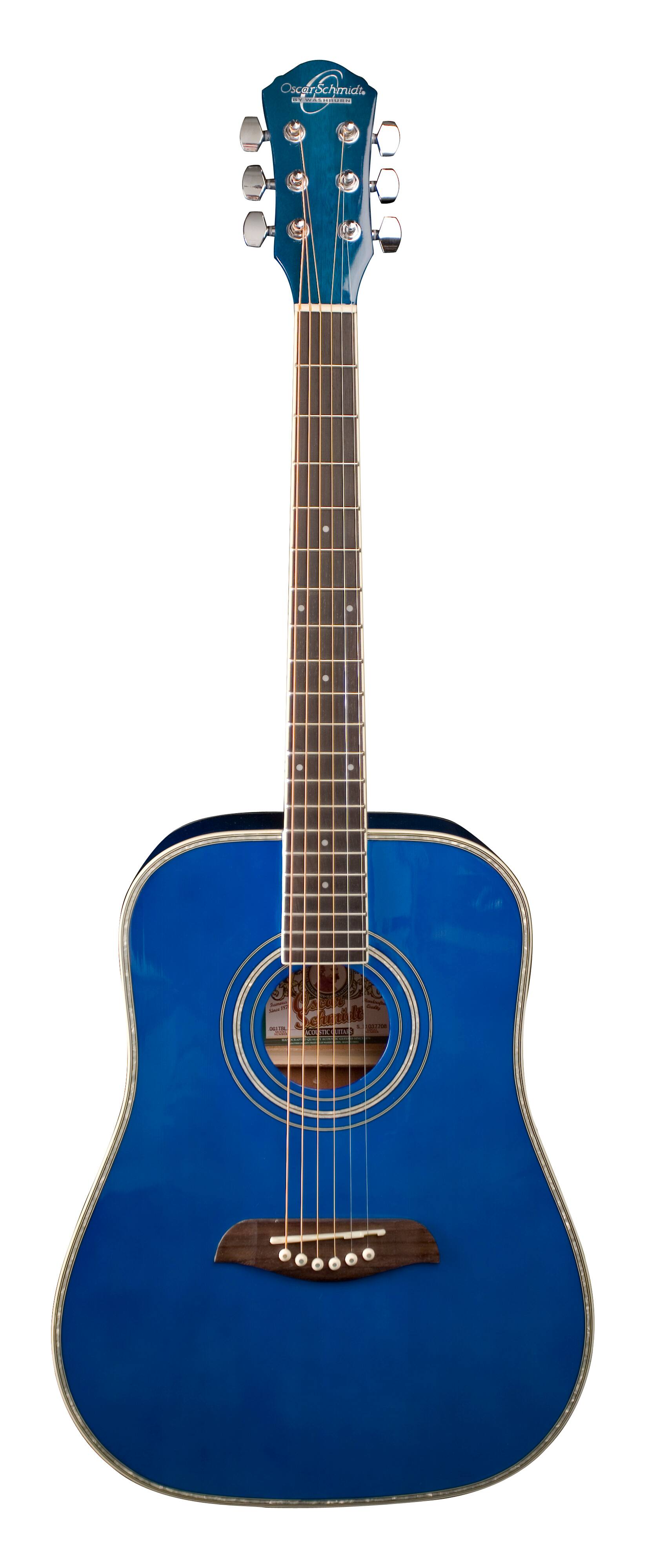 Front. Oscar Schmidt - Oscar Schmidt OG1TBL-A 3/4 Size Dreadnought Acoustic Guitar. Transparent Blue - Transparent Blue.