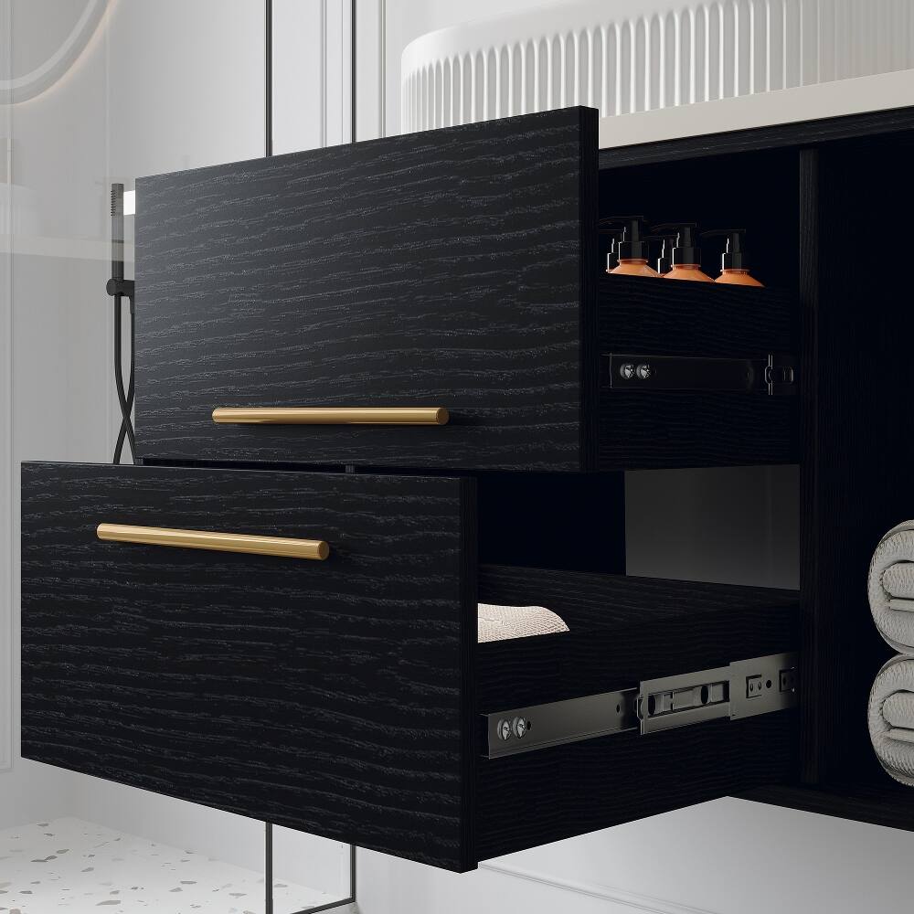 Back. Loheer - Loheer 39.4 Inch Floating Bathroom Vanity with Ceramic Sink Modern Single Sink Cabinet Soft-Close Drawers - Black, Gold, White.