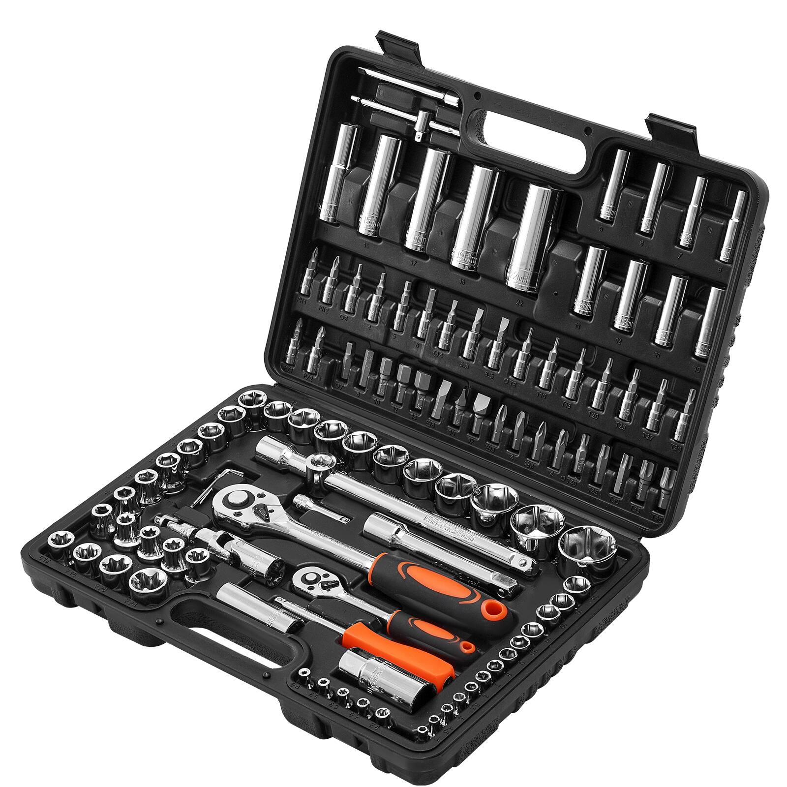 Alt View 5. VEVOR - Socket Set, 108 Pieces, 1/4 & 1/2 inch Drive Socket and Ratchet Set, Metric Size from 4 to 32 mm, Mechanic Tool Kit - Black+Sliver.